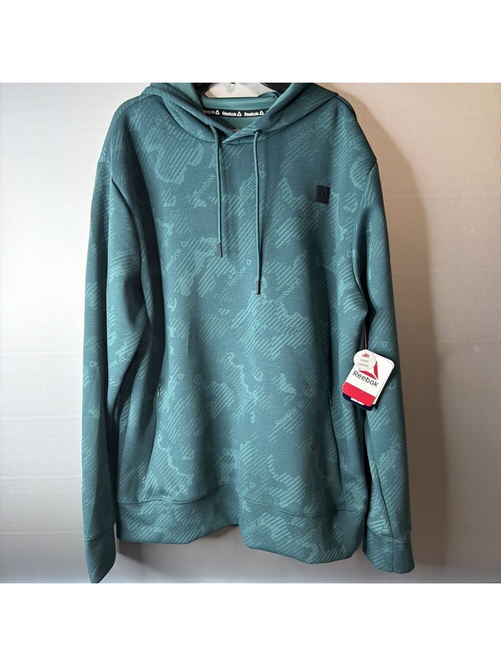 Reebok Fleece Camo Logo Pullover Hoodie Pockets Men's M Regular Green
